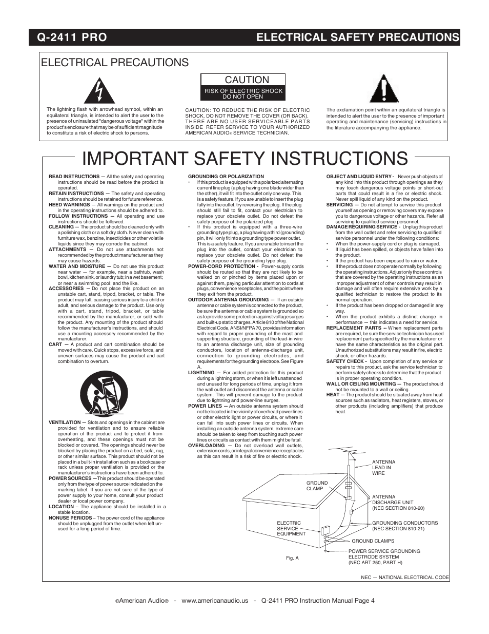 Important safety instructions, Electrical precautions, Q-2411 pro electrical safety precautions | Caution | American Audio Professional Preamp Mixer Q-2411 Pro User Manual | Page 4 / 20