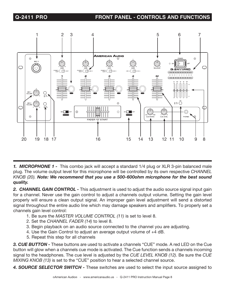 Q-2411 pro front panel - controls and functions | American Audio Professional Preamp Mixer Q-2411 Pro User Manual | Page 8 / 20