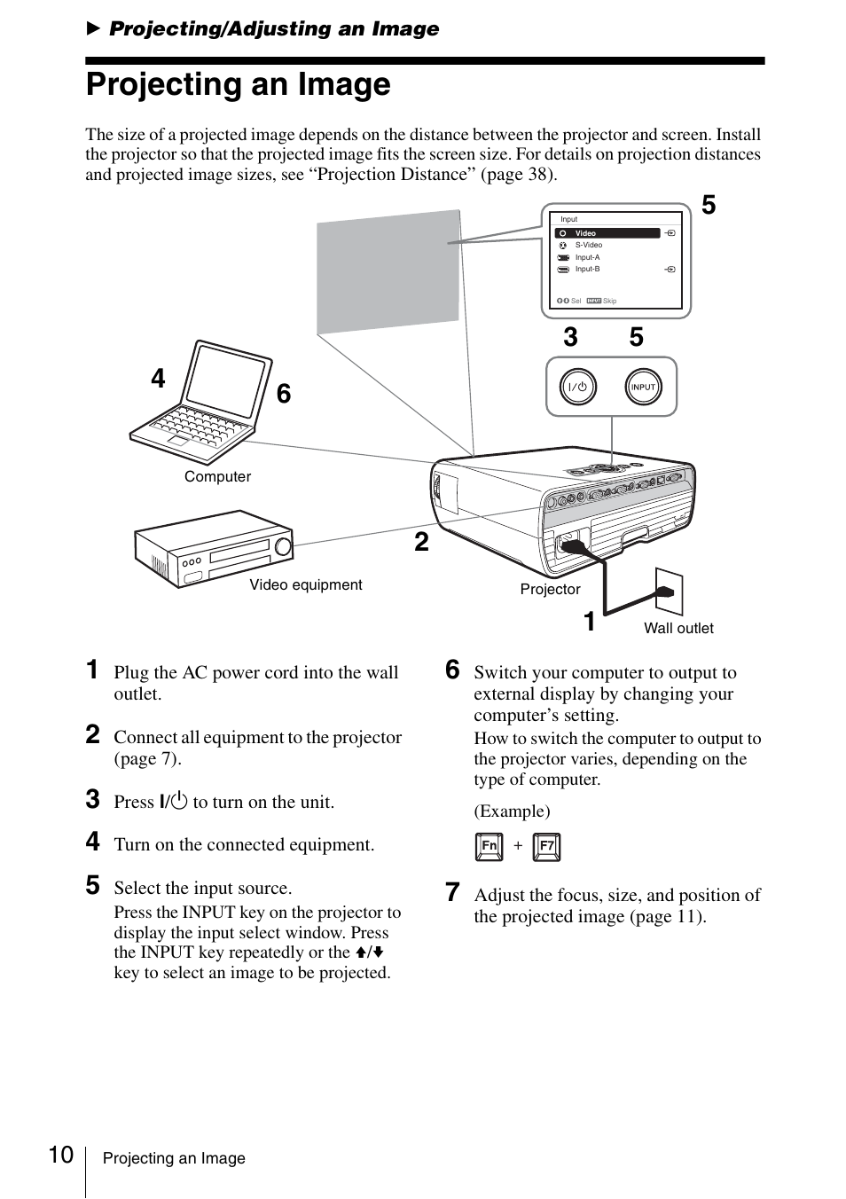 Projecting/adjusting an image, Projecting an image | Sony VPL-EX175 User Manual | Page 10 / 45