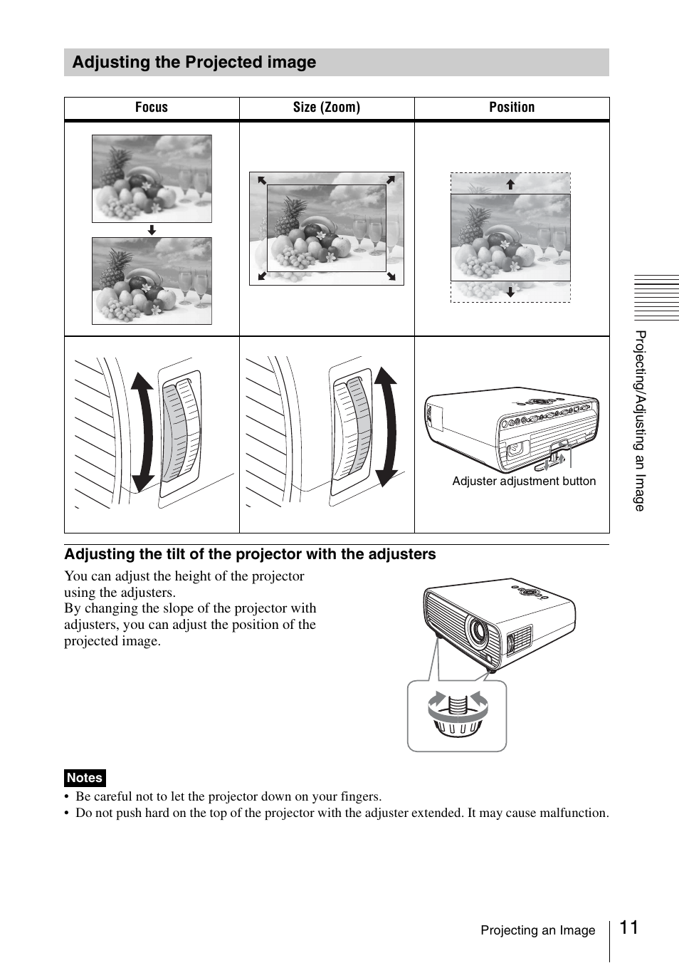 Adjusting the projected image, Adjusting the projected, Image | Sony VPL-EX175 User Manual | Page 11 / 45