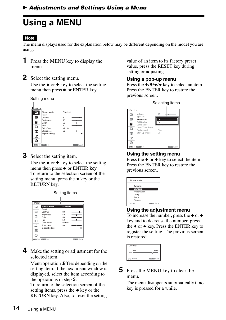 Adjustments and settings using a menu, Using a menu, B adjustments and settings using a menu | Press the menu key to display the menu, Select the setting menu, Select the setting item, Press the menu key to clear the menu, Use the v or v | Sony VPL-EX175 User Manual | Page 14 / 45