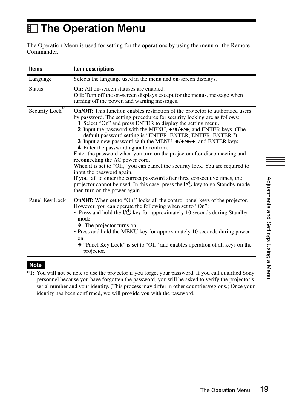 The operation menu | Sony VPL-EX175 User Manual | Page 19 / 45