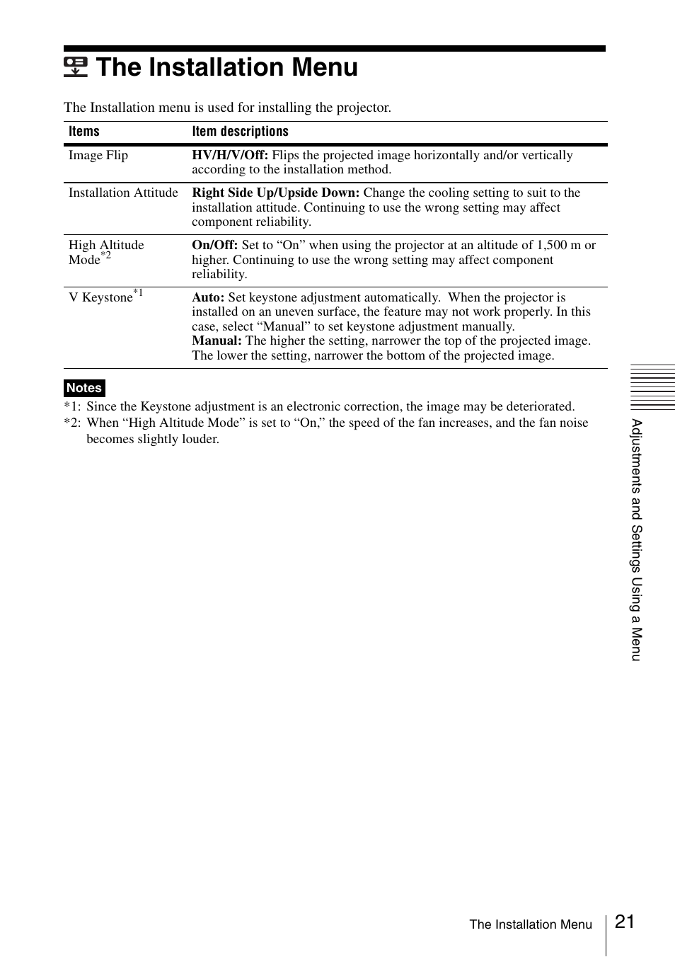 The installation menu | Sony VPL-EX175 User Manual | Page 21 / 45