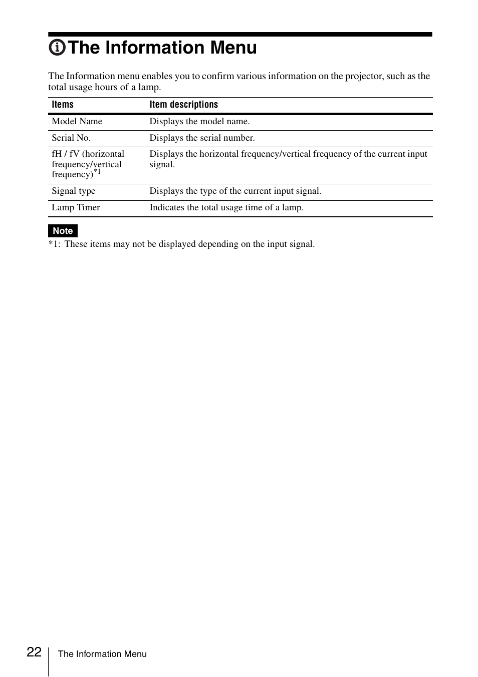 The information menu | Sony VPL-EX175 User Manual | Page 22 / 45