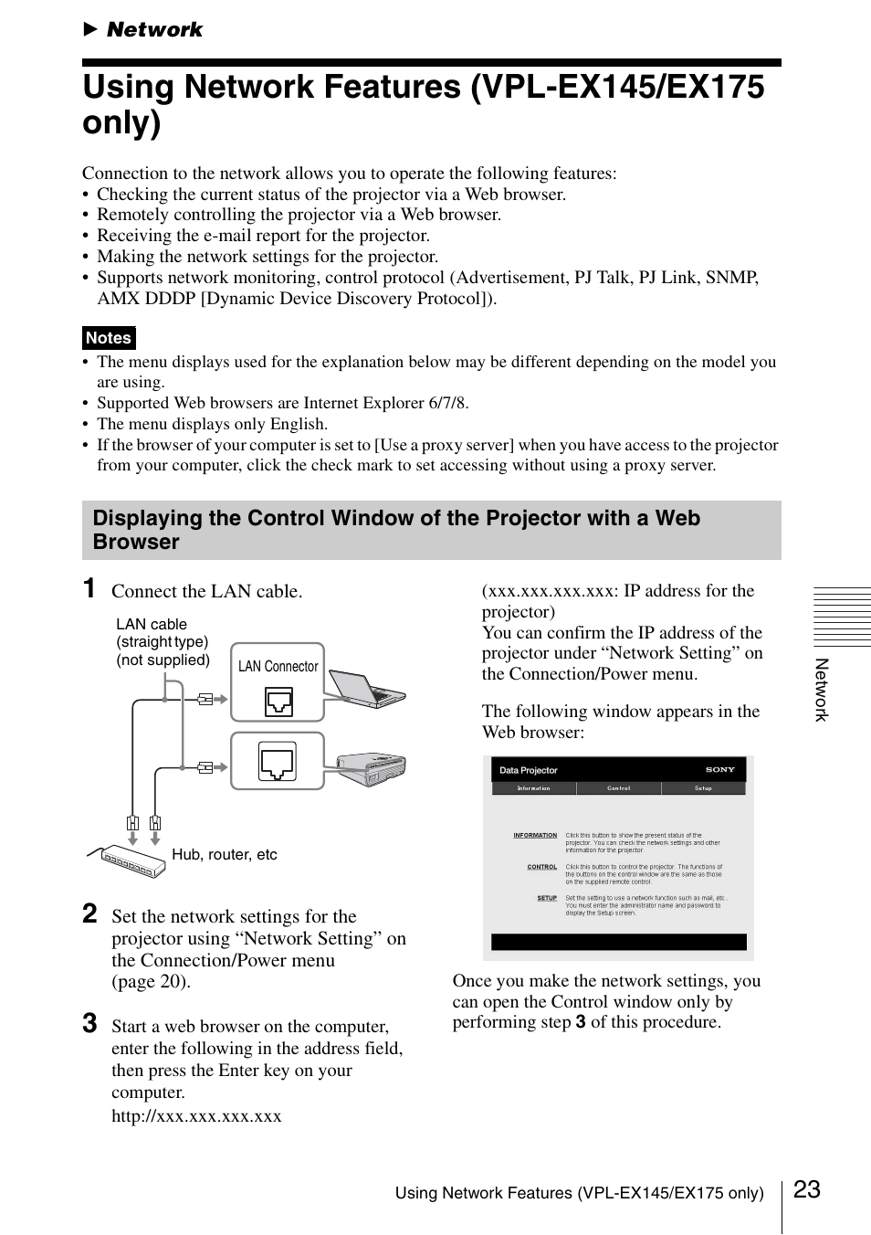 Network, Using network features (vpl-ex145/ex175 only), Using network features (vpl-ex145 | Ex175 only), Displaying the control window of, The projector with a web browser | Sony VPL-EX175 User Manual | Page 23 / 45