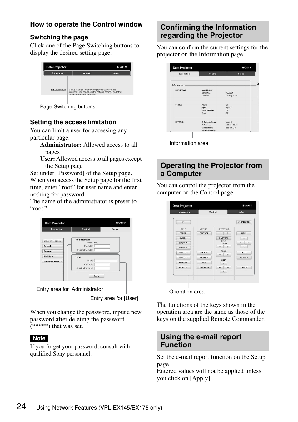 Confirming the information regarding the projector, Operating the projector from a computer, Using the e-mail report function | Confirming the information, Regarding the projector, Operating the projector from a, Computer, Using the e-mail report, Function | Sony VPL-EX175 User Manual | Page 24 / 45