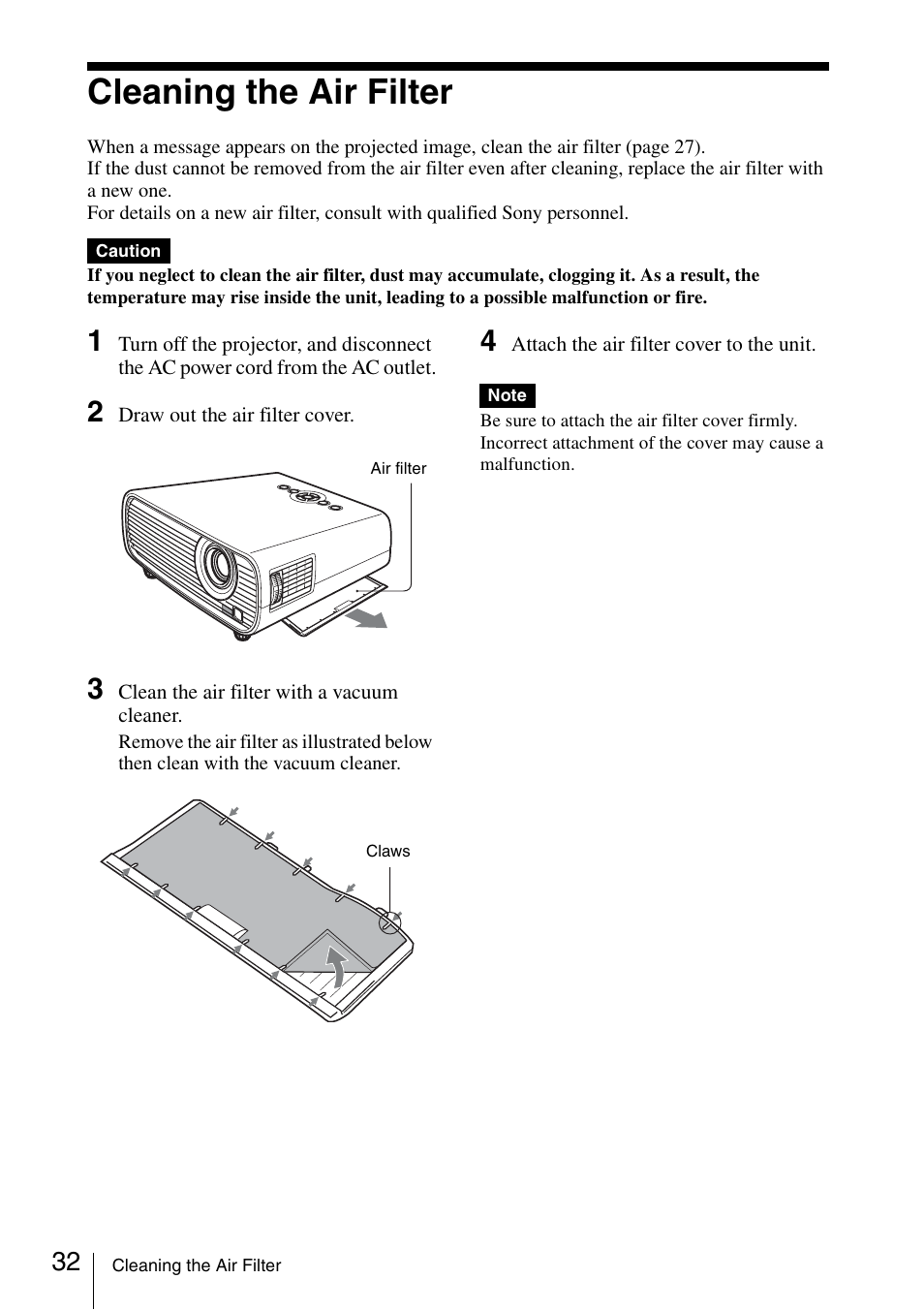 Cleaning the air filter, E 32) | Sony VPL-EX175 User Manual | Page 32 / 45