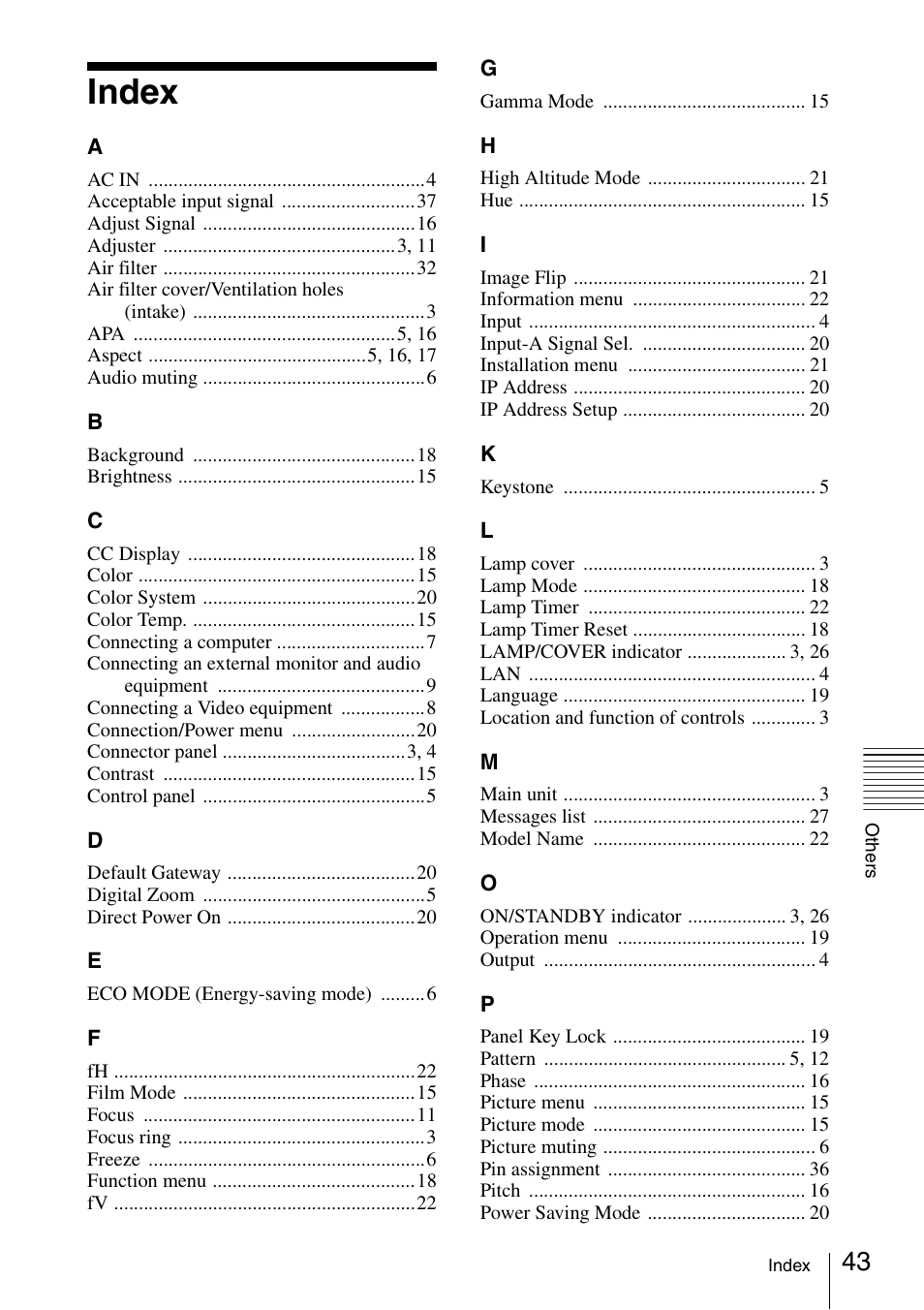 Index | Sony VPL-EX175 User Manual | Page 43 / 45