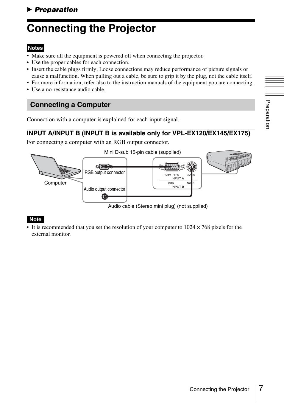 Preparation, Connecting the projector, Connecting a computer | Sony VPL-EX175 User Manual | Page 7 / 45