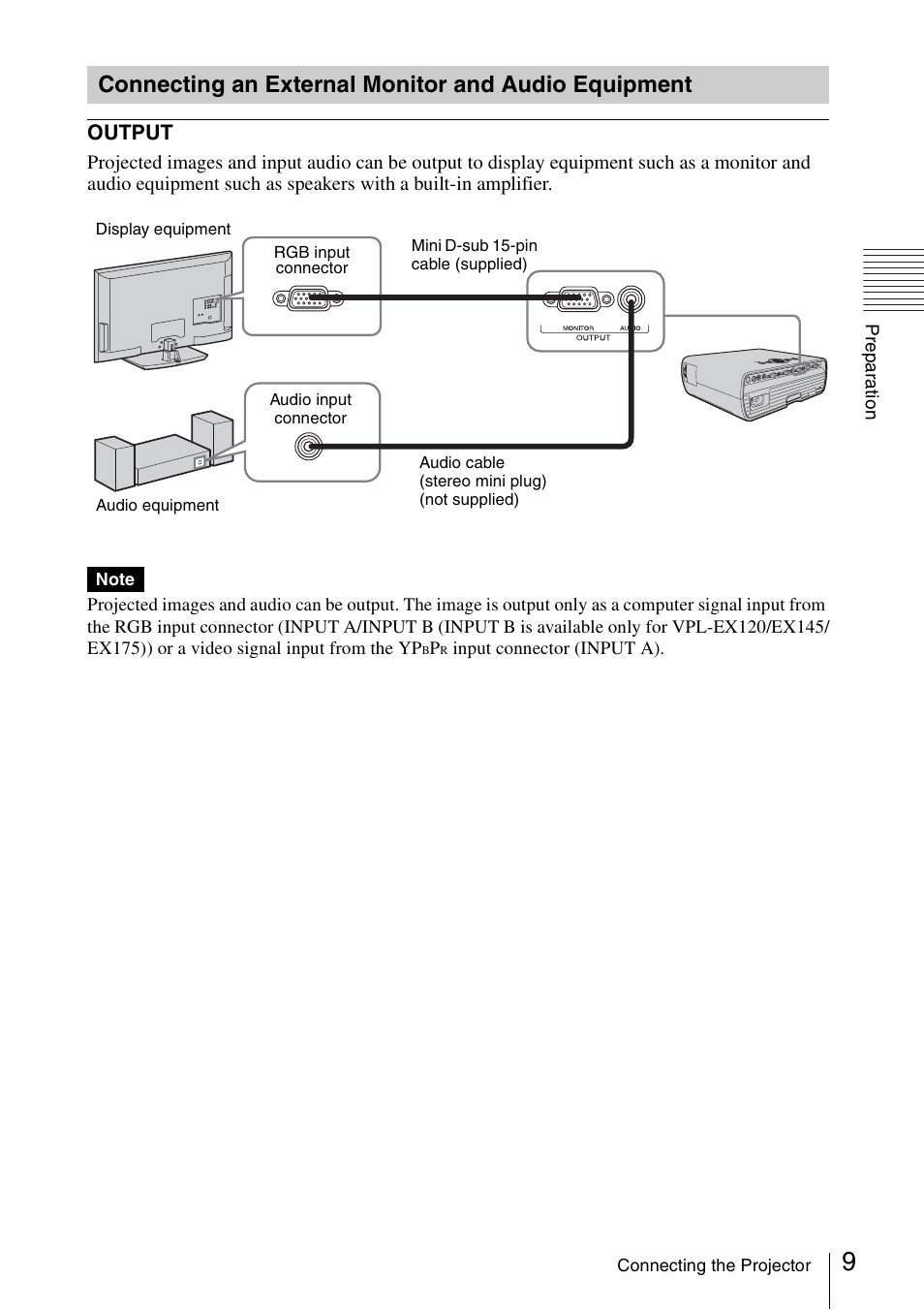 Connecting an external monitor and audio equipment, Connecting an external monitor and, Audio equipment | Sony VPL-EX175 User Manual | Page 9 / 45