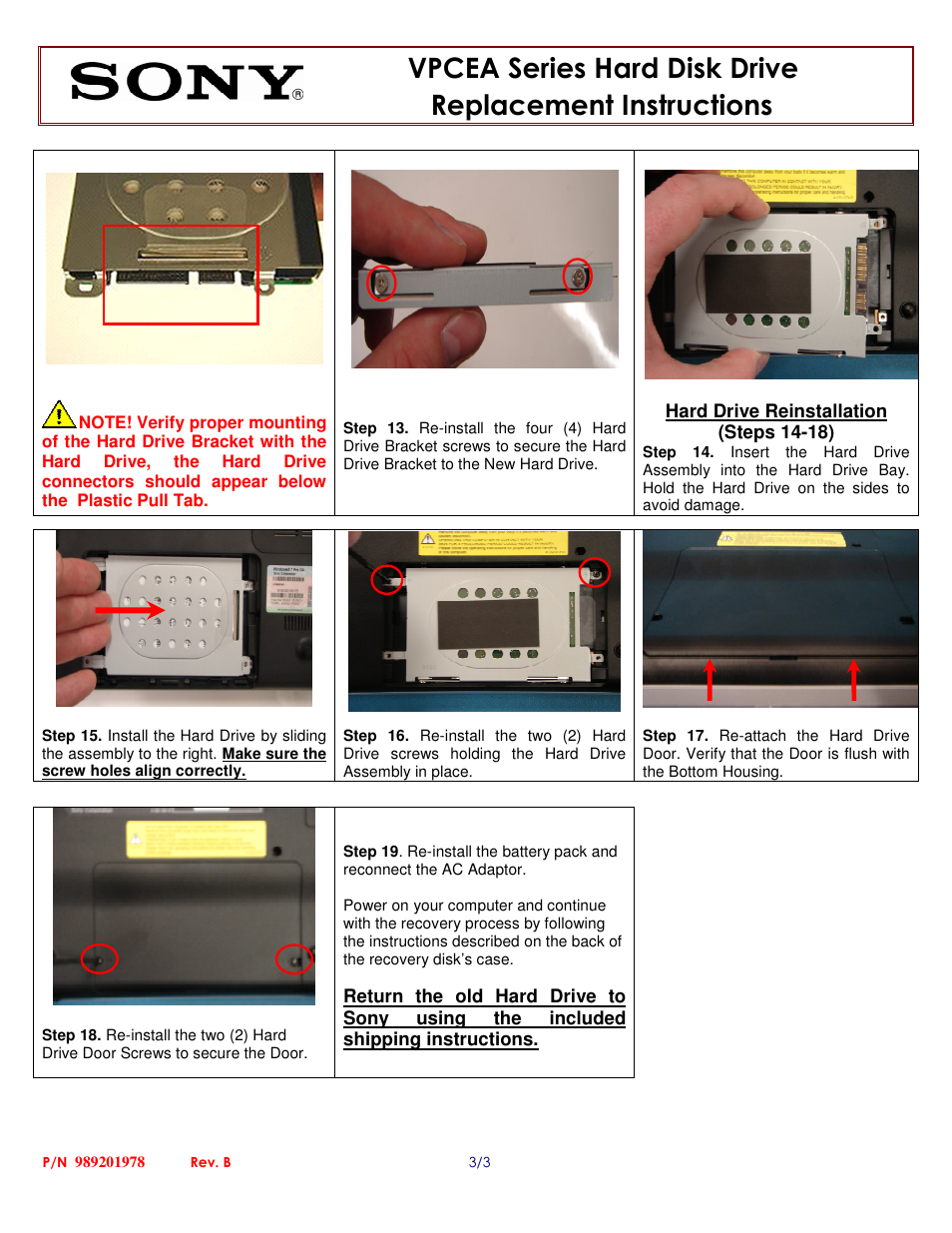 Sony VPCEA Series Hard Disk Drive (Replacement Instructions) User Manual | Page 3 / 3