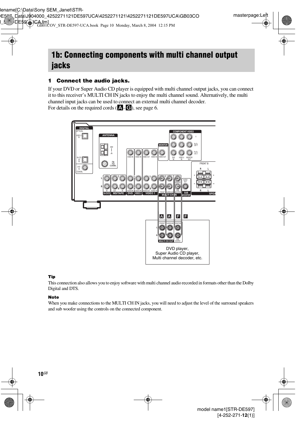 1b: connecting components with, Multi channel output jacks, G), see page 6 | A a f f | Sony STR-DE597 User Manual | Page 10 / 56