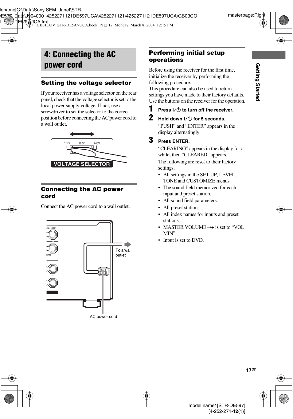 Connecting the ac power cord | Sony STR-DE597 User Manual | Page 17 / 56