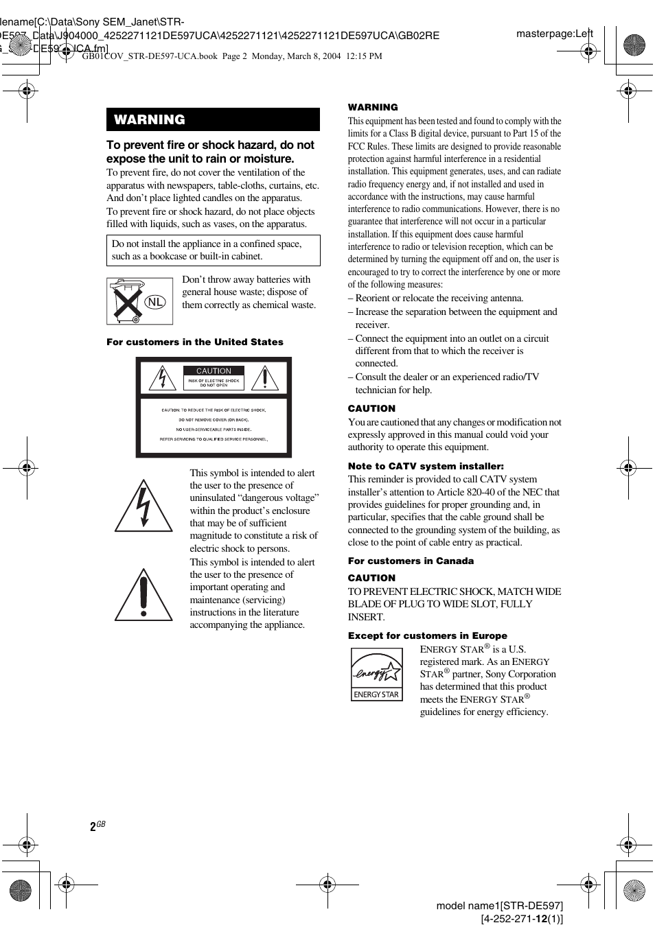 Warning | Sony STR-DE597 User Manual | Page 2 / 56