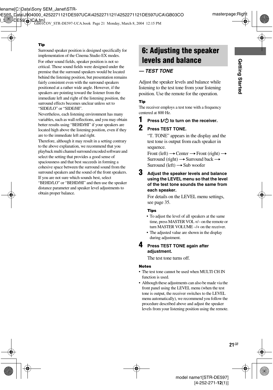 Adjusting the speaker levels and balance, Test tone, Adjusting the speaker levels and | Balance — test tone | Sony STR-DE597 User Manual | Page 21 / 56