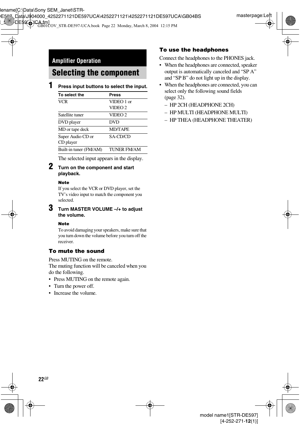 Amplifier operation, Selecting the component | Sony STR-DE597 User Manual | Page 22 / 56