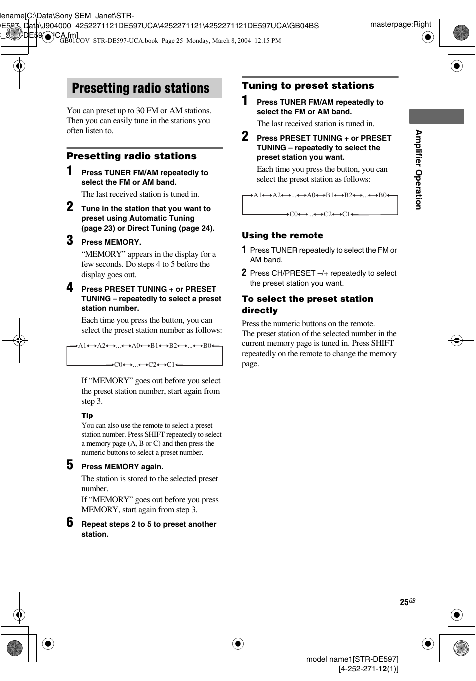 Presetting radio stations, See “tuning | Sony STR-DE597 User Manual | Page 25 / 56