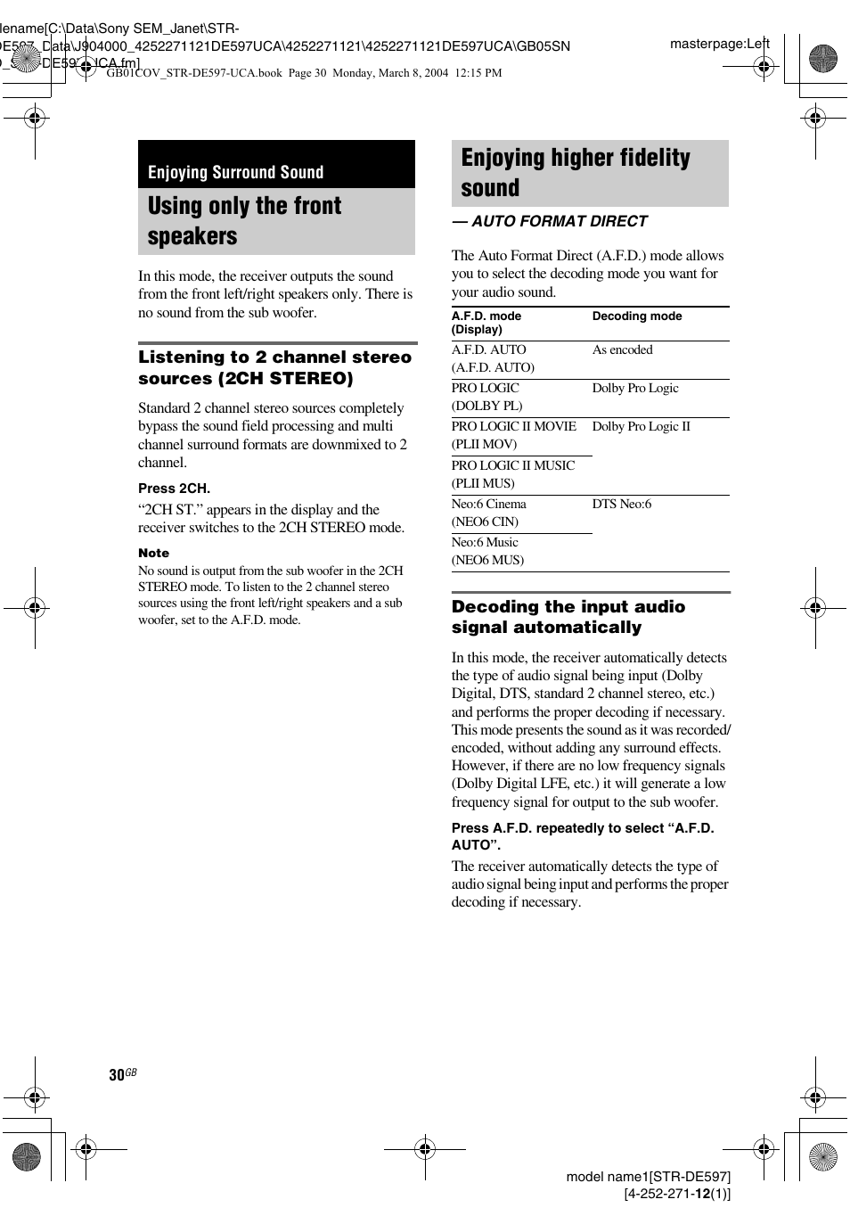 Enjoying surround sound, Using only the front speakers, Enjoying higher fidelity sound | Auto format direct | Sony STR-DE597 User Manual | Page 30 / 56