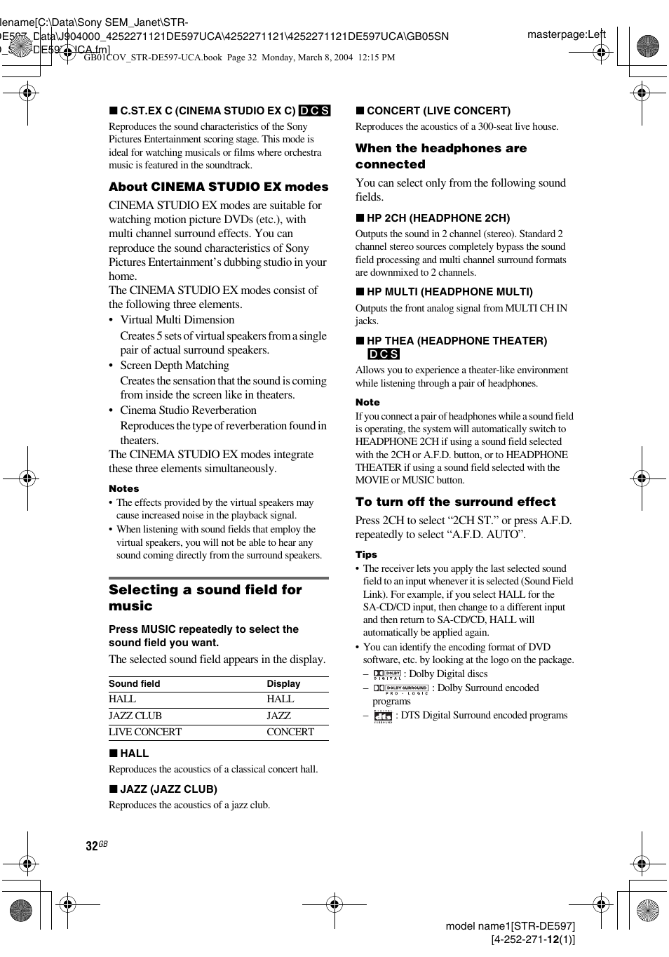 Selecting a sound field for music | Sony STR-DE597 User Manual | Page 32 / 56