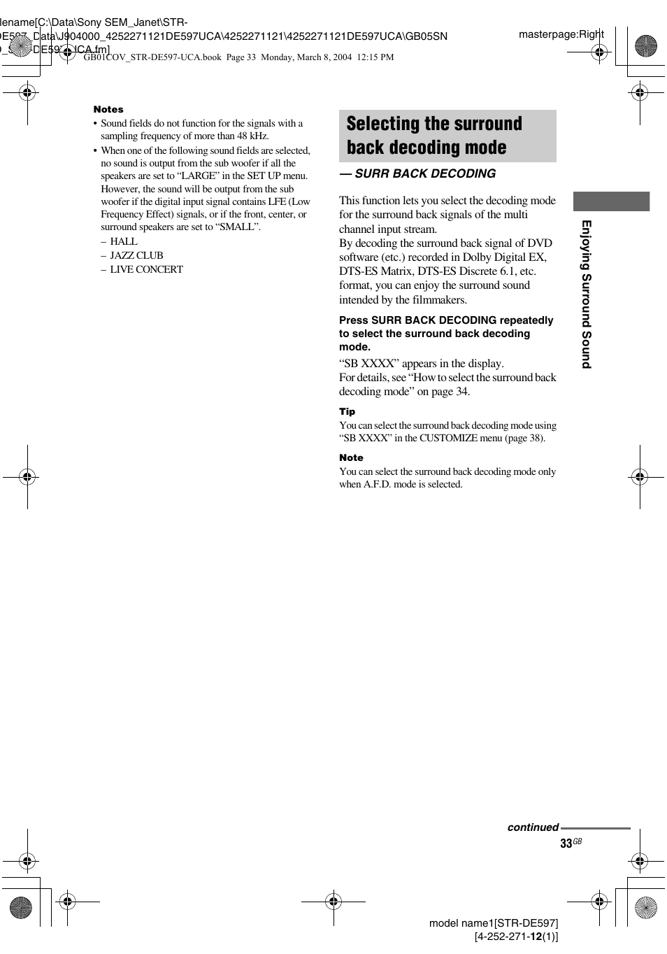 Selecting the surround back decoding mode, Surr back decoding, Selecting the surround back decoding | Mode — surr back decoding | Sony STR-DE597 User Manual | Page 33 / 56