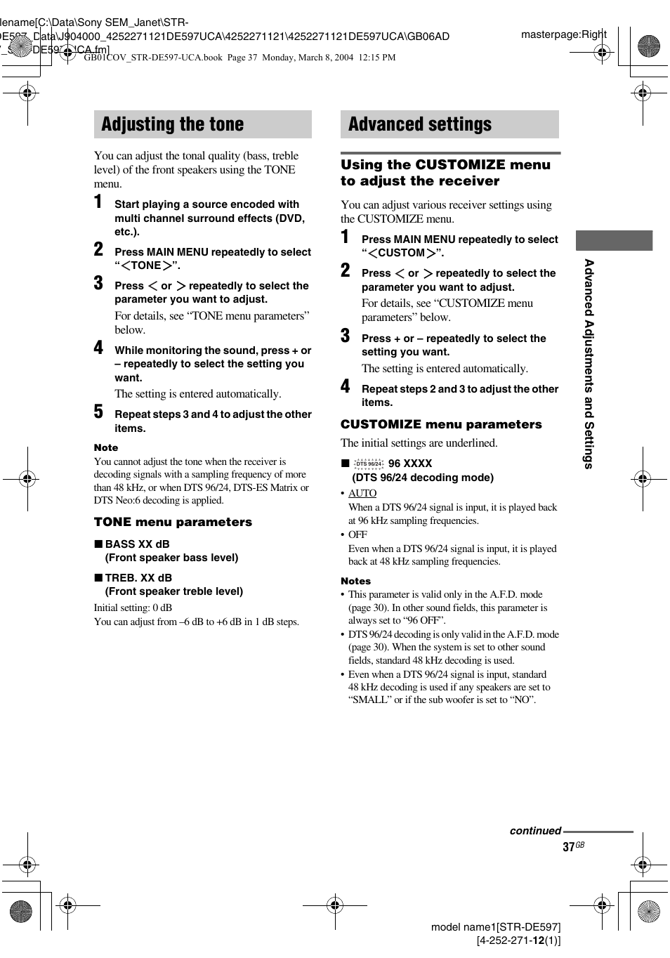 Adjusting the tone, Advanced settings, Adjusting the tone advanced settings | Sony STR-DE597 User Manual | Page 37 / 56