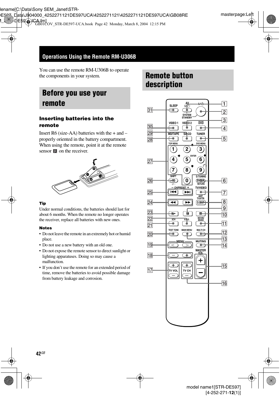 Operations using the remote rm-u306b, Before you use your remote, Remote button description | Sony STR-DE597 User Manual | Page 42 / 56