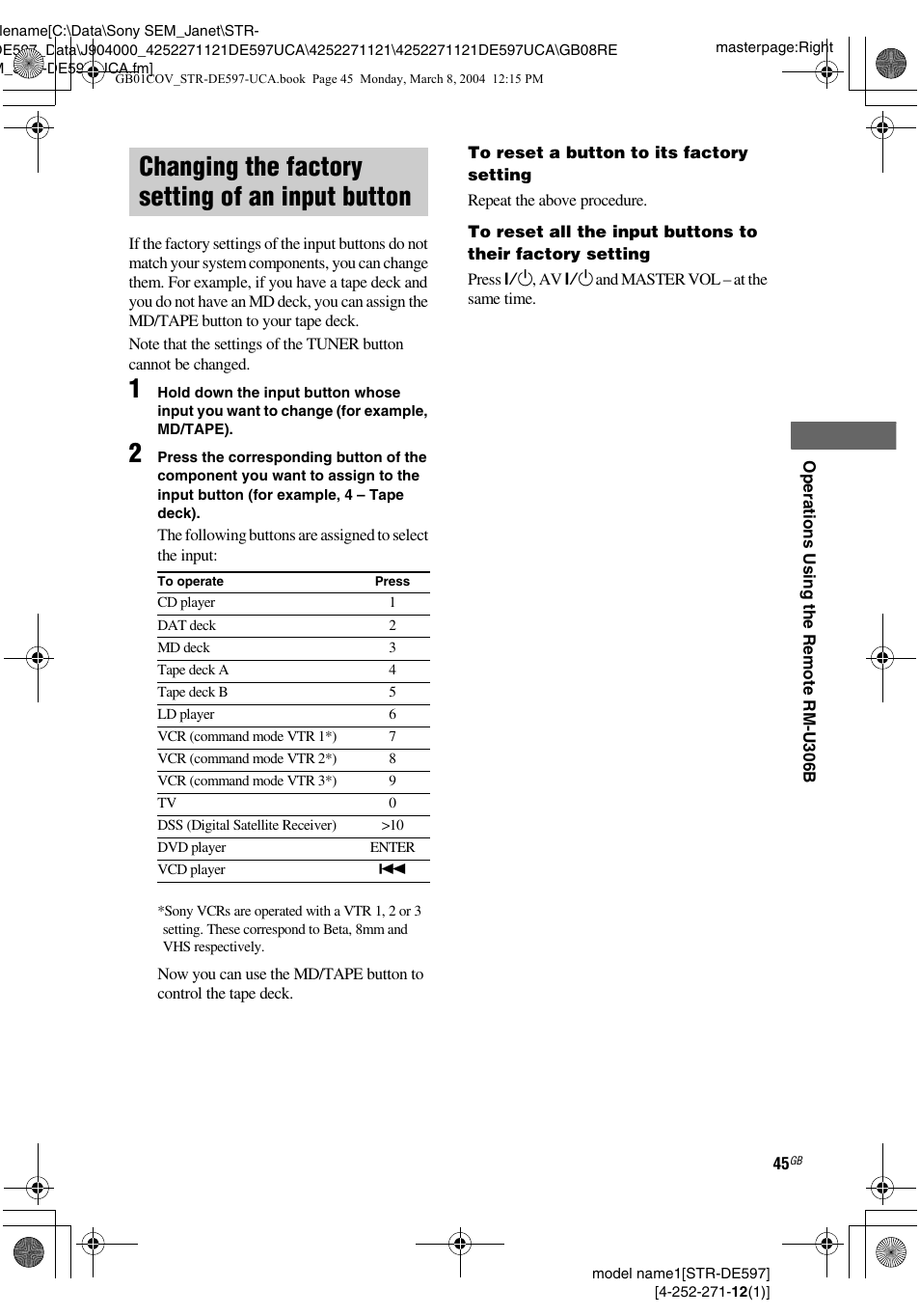 Changing the factory setting of an input button, Changing the factory setting of an, Input button | Sony STR-DE597 User Manual | Page 45 / 56