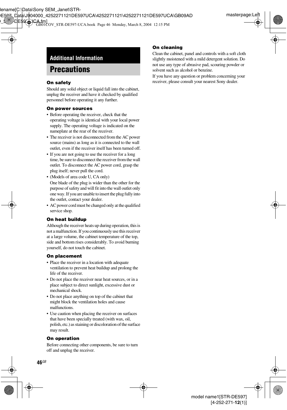 Additional information, Precautions | Sony STR-DE597 User Manual | Page 46 / 56