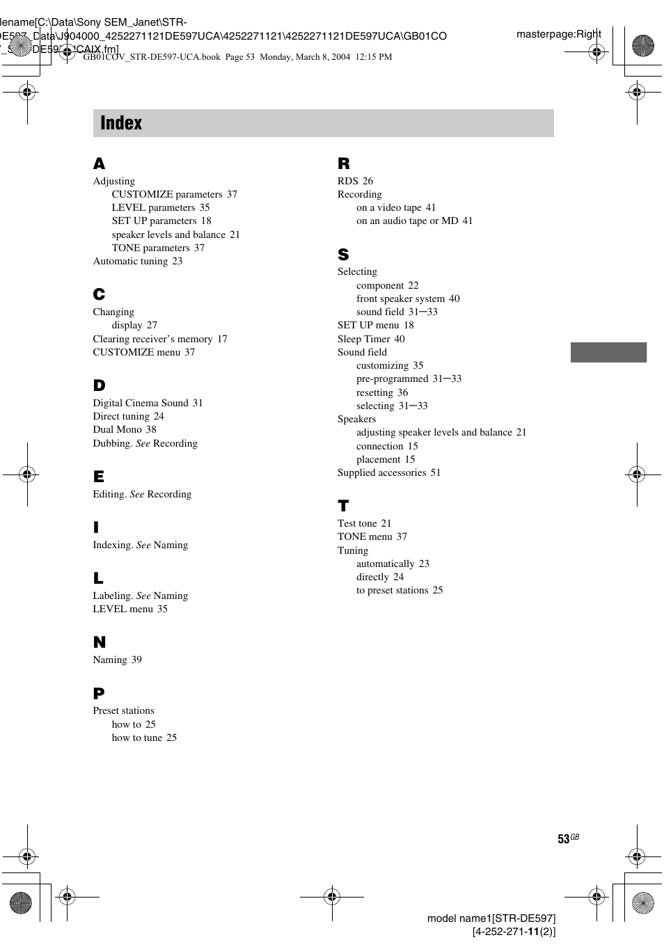 Index | Sony STR-DE597 User Manual | Page 53 / 56