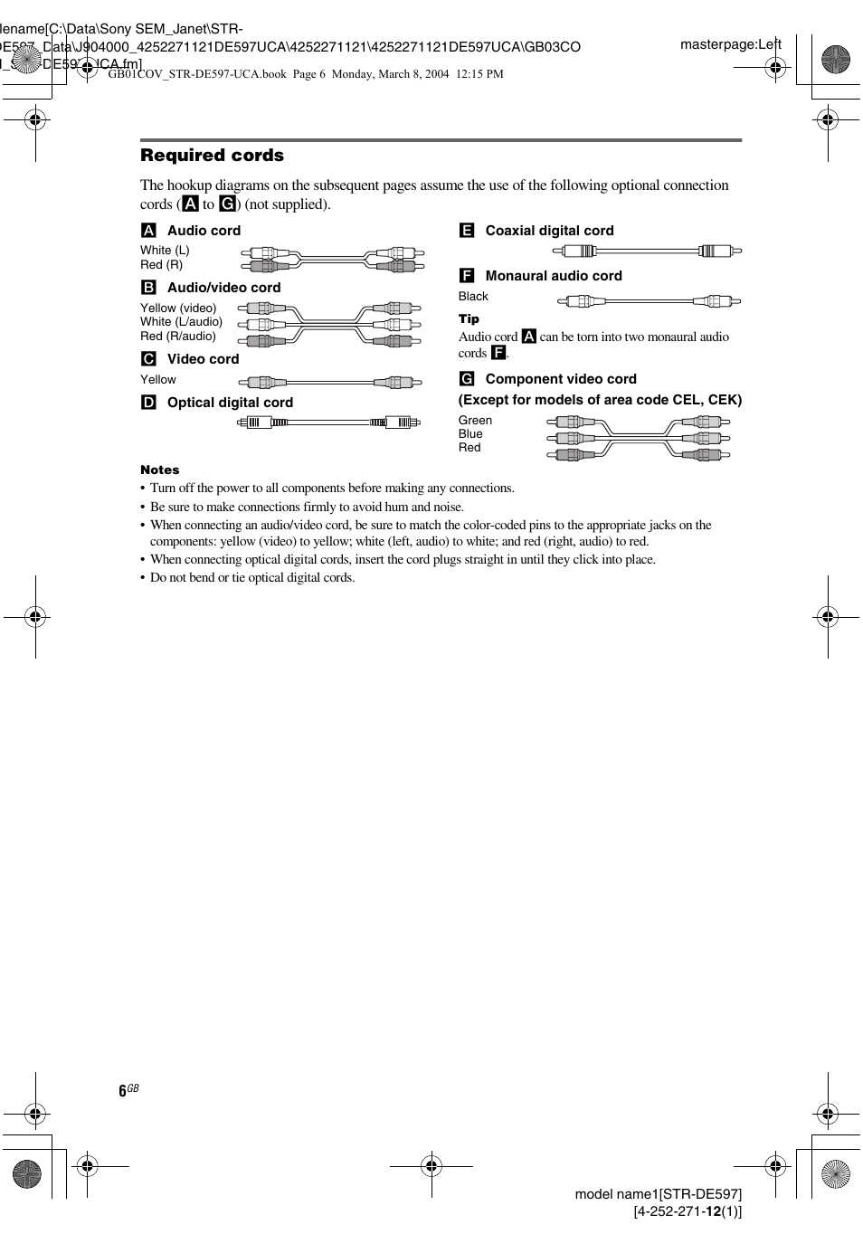 Required cords | Sony STR-DE597 User Manual | Page 6 / 56