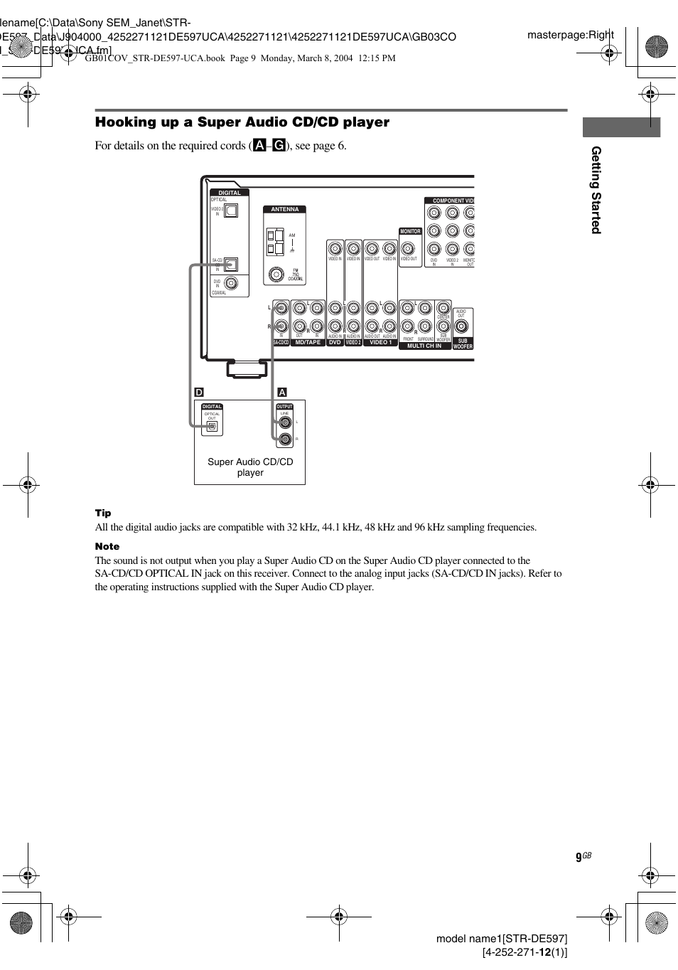 Hooking up a super audio cd/cd player, Getting star ted, For details on the required cords ( a | G), see page 6, Super audio cd/cd player | Sony STR-DE597 User Manual | Page 9 / 56