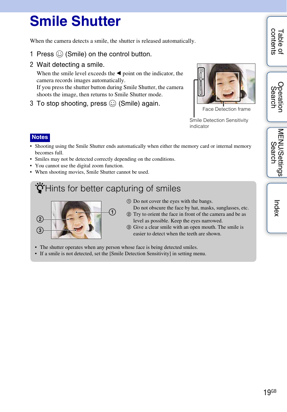 Smile shutter, Hints for better capturing of smiles | Sony DSC-S2100 User Manual | Page 19 / 93