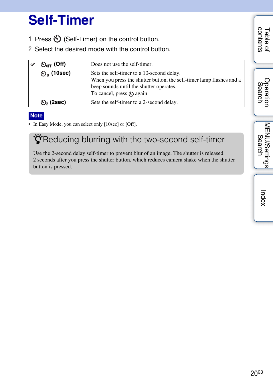 Self-timer, Reducing blurring with the two-second self-timer | Sony DSC-S2100 User Manual | Page 20 / 93