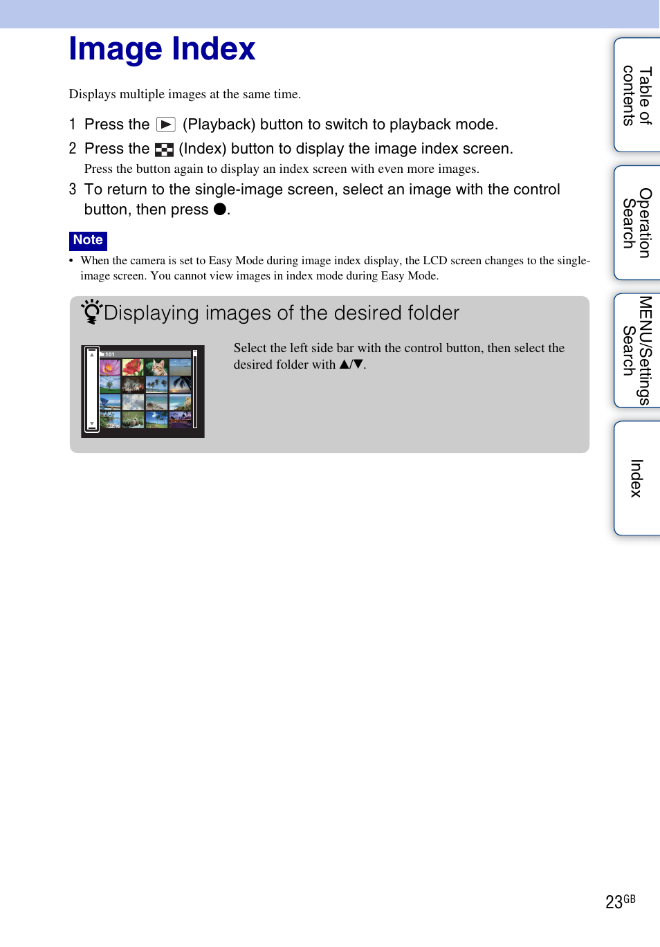 Image index, Displaying images of the desired folder | Sony DSC-S2100 User Manual | Page 23 / 93