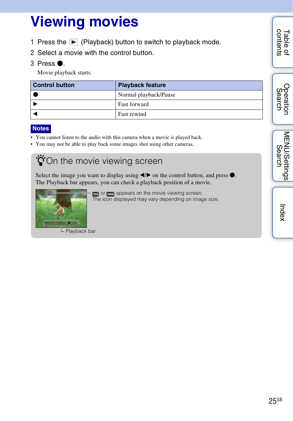 Viewing movies, On the movie viewing screen | Sony DSC-S2100 User Manual | Page 25 / 93
