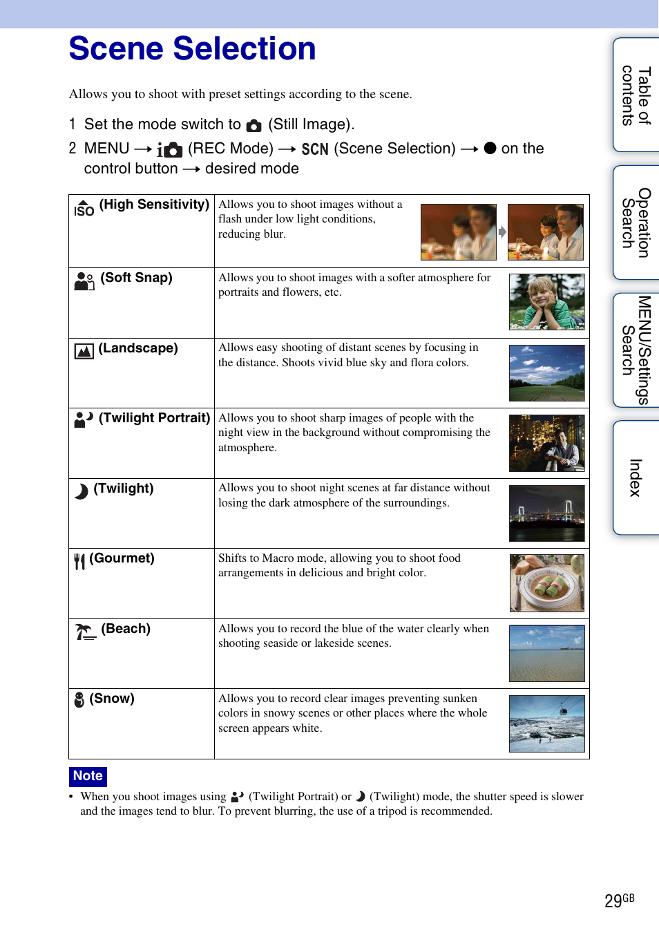Scene selection | Sony DSC-S2100 User Manual | Page 29 / 93