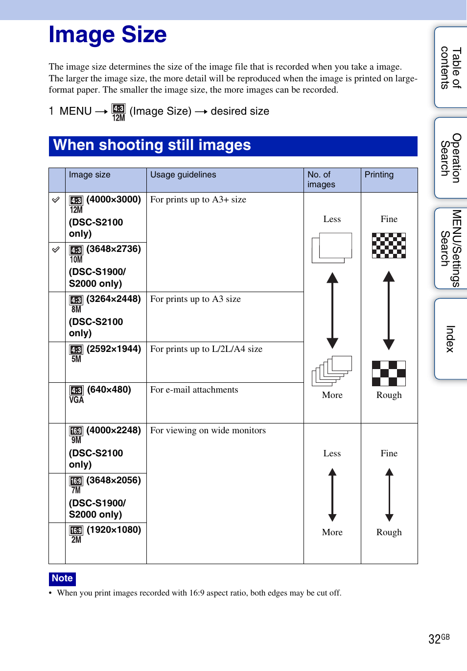 Image size, When shooting still images | Sony DSC-S2100 User Manual | Page 32 / 93