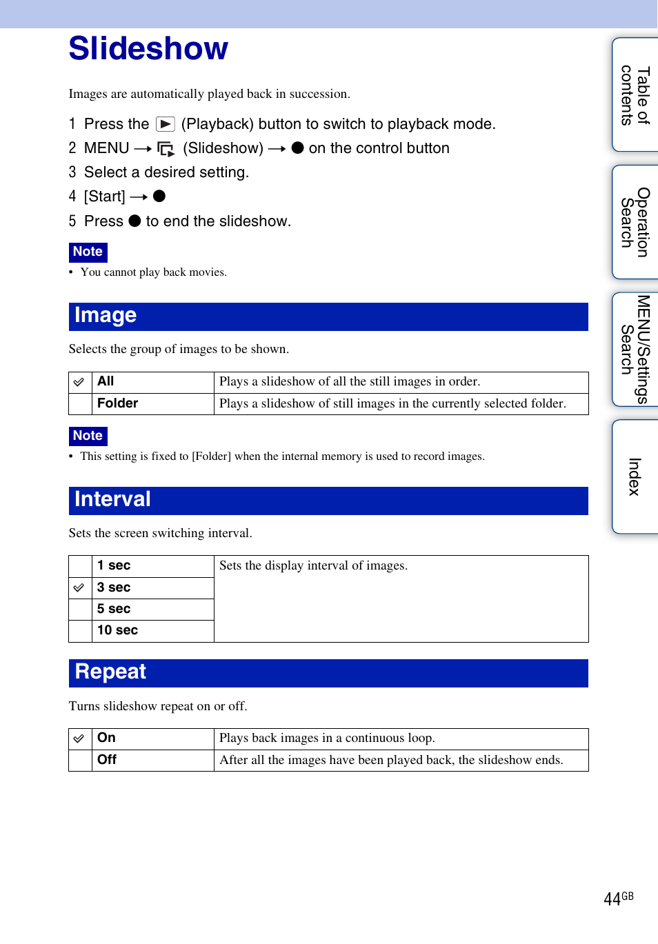 Slideshow, Slideshow), Image | Interval, Repeat | Sony DSC-S2100 User Manual | Page 44 / 93