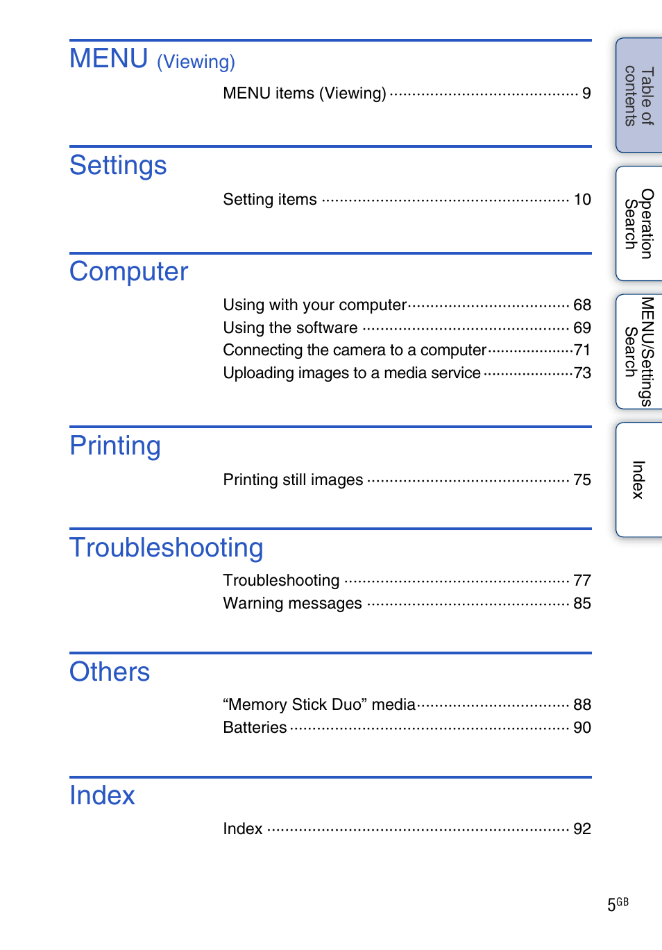 Menu, Settings, Computer | Printing, Troubleshooting, Others, Index | Sony DSC-S2100 User Manual | Page 5 / 93
