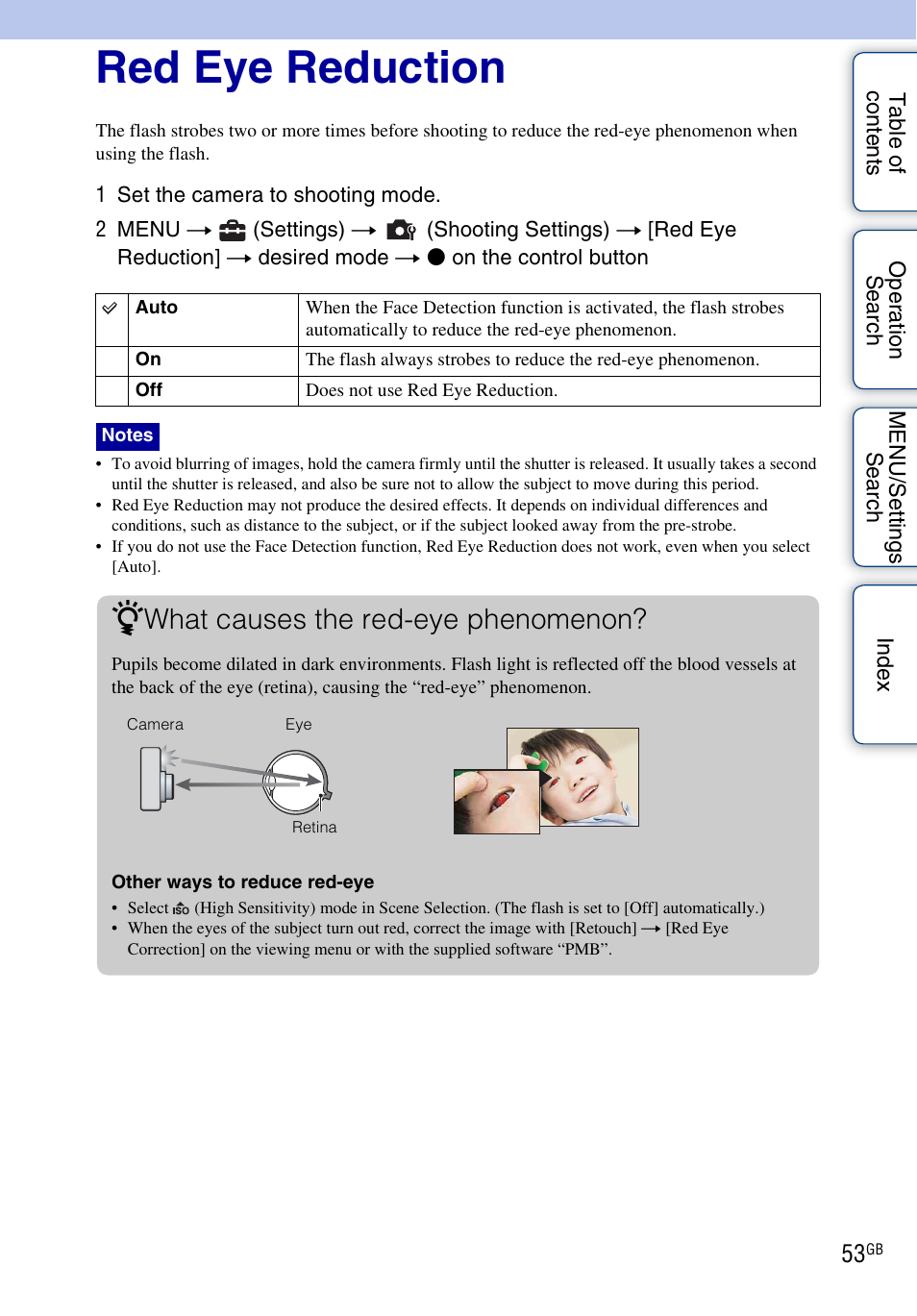 Red eye reduction, What causes the red-eye phenomenon | Sony DSC-S2100 User Manual | Page 53 / 93