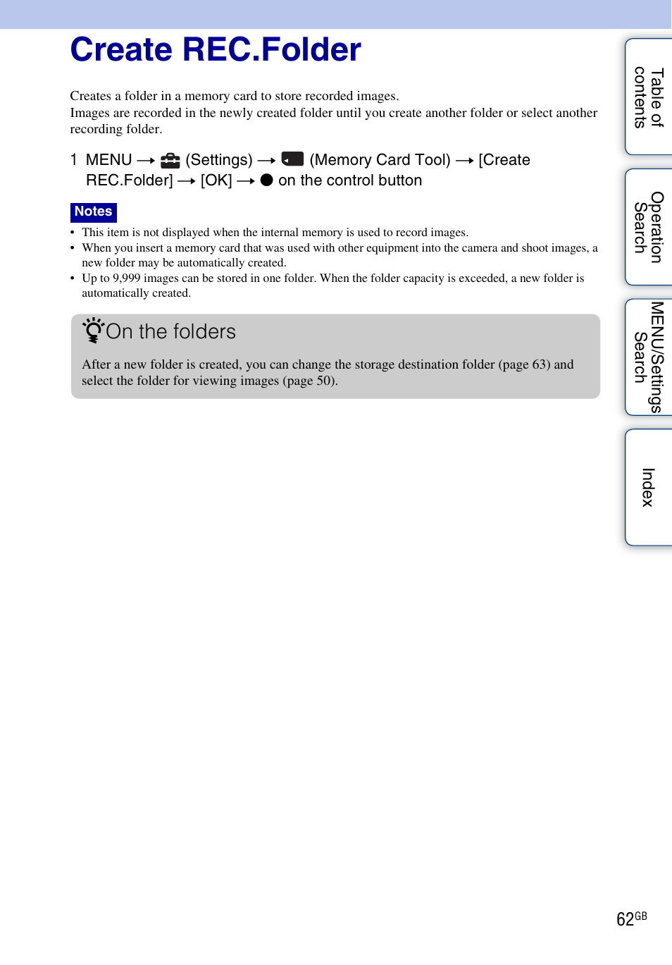 Create rec.folder, On the folders | Sony DSC-S2100 User Manual | Page 62 / 93