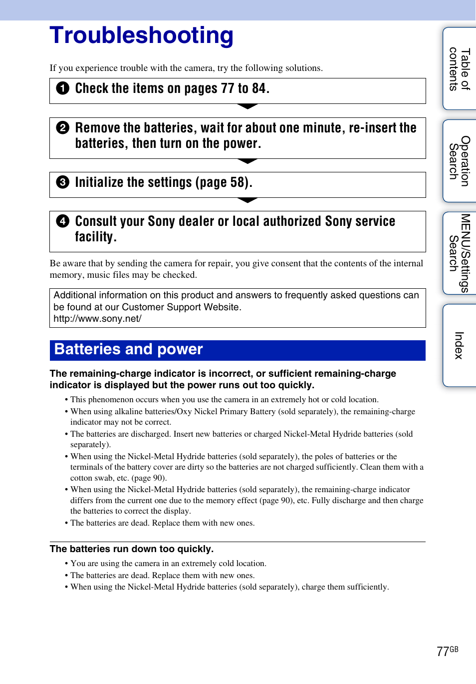 Troubleshooting, Batteries and power | Sony DSC-S2100 User Manual | Page 77 / 93