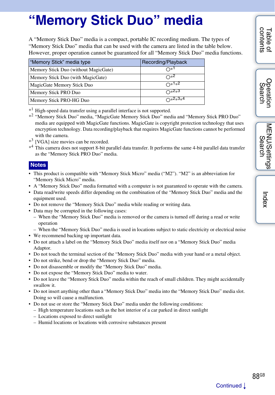 Memory stick duo” media | Sony DSC-S2100 User Manual | Page 88 / 93