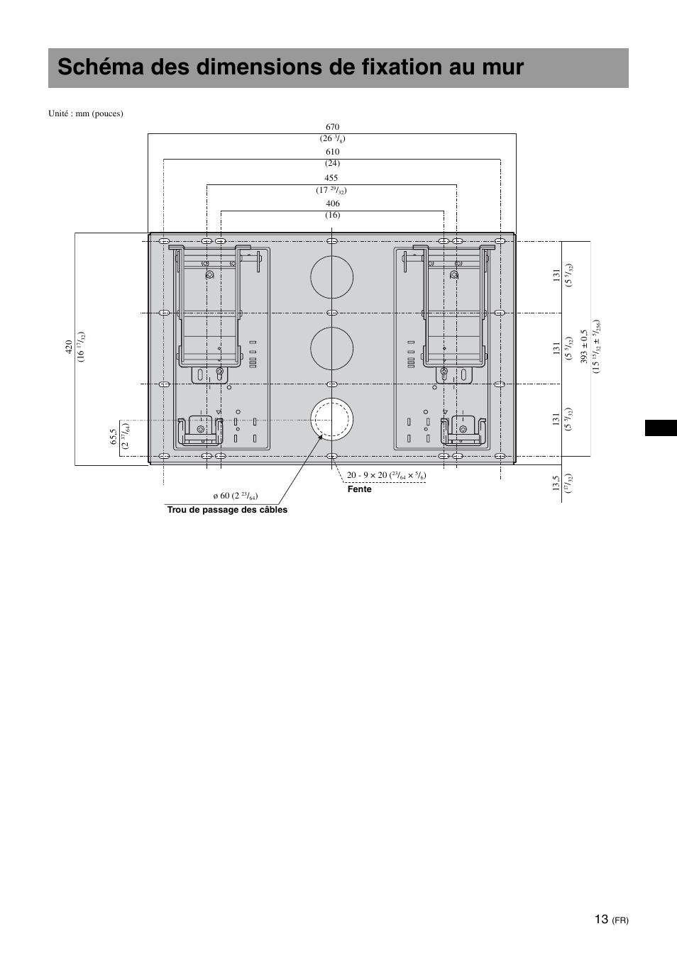 Schéma des dimensions de fixation au mur | Sony KDL-46V25L1 User Manual | Page 25 / 112