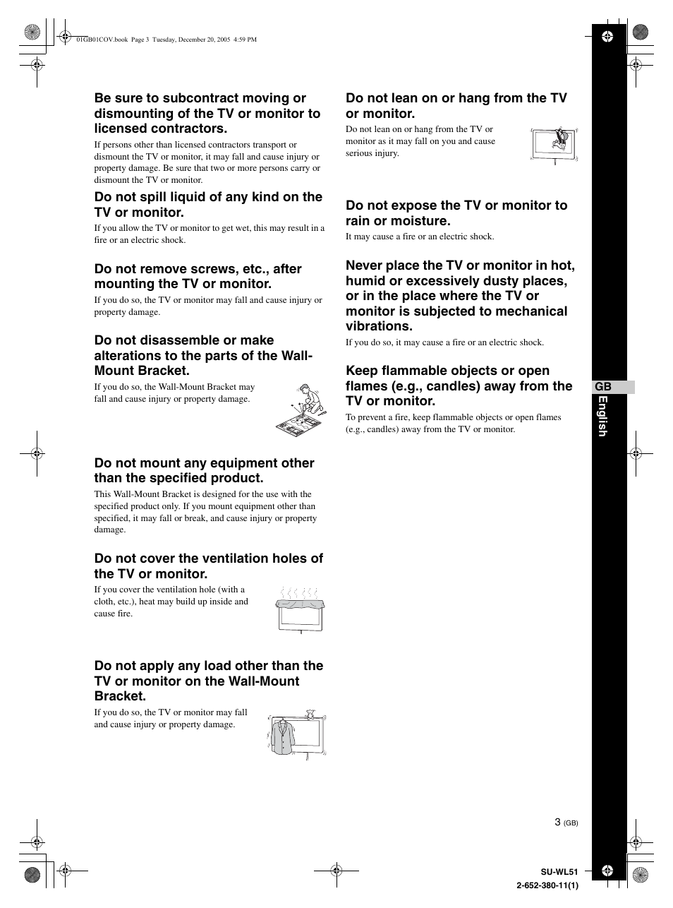 Do not lean on or hang from the tv or monitor | Sony KDL-46V25L1 User Manual | Page 3 / 112