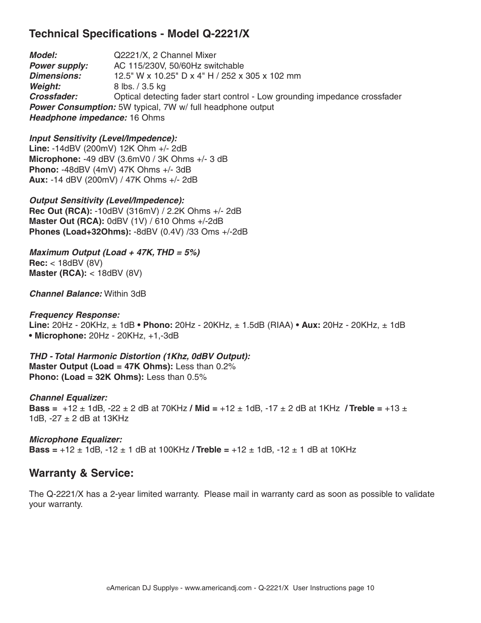 Warranty & service, Technical specifications - model q-2221/x | American Audio Q-2221/X User Manual | Page 10 / 10