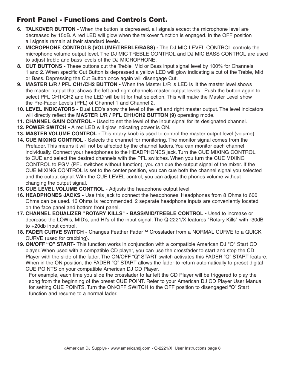 Front panel - functions and controls cont | American Audio Q-2221/X User Manual | Page 6 / 10