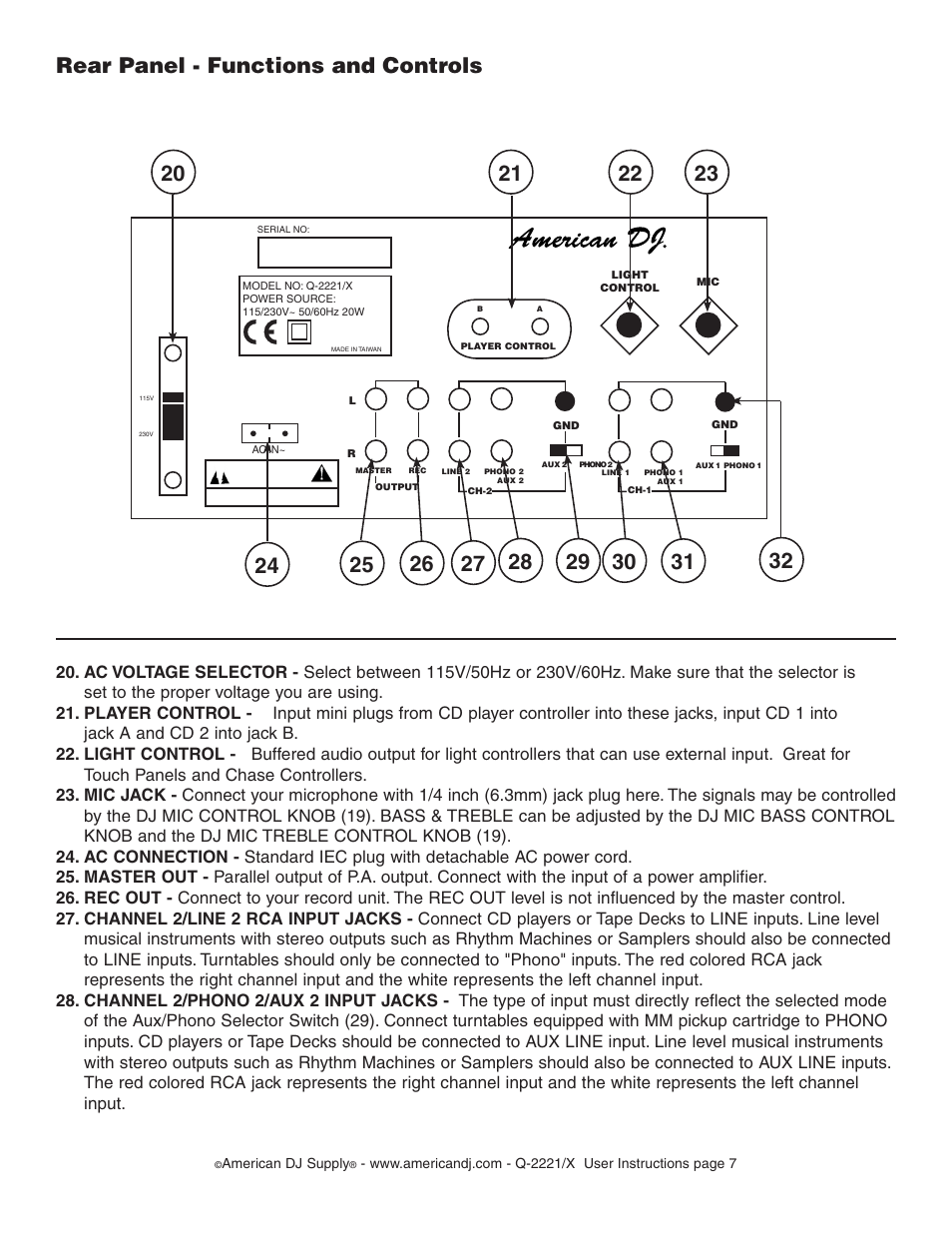 Rear panel - functions and controls | American Audio Q-2221/X User Manual | Page 7 / 10