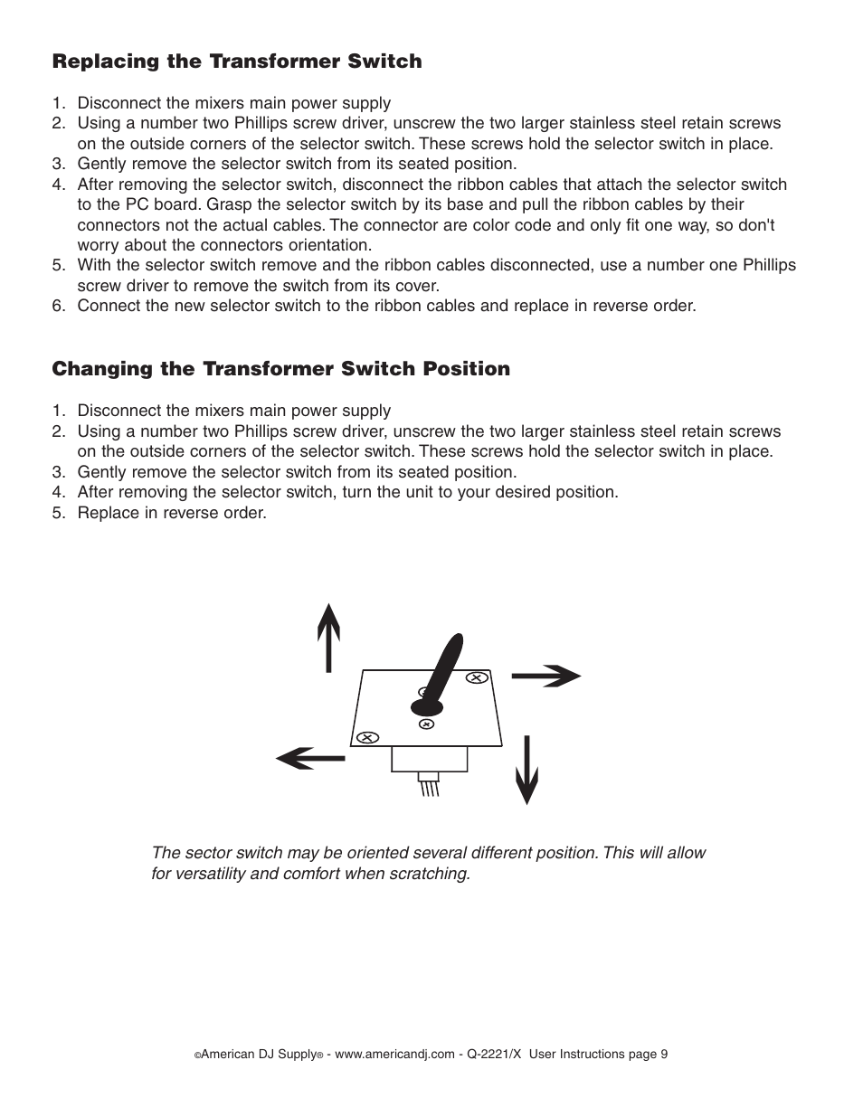 Replacing the transformer switch, Changing the transformer switch position | American Audio Q-2221/X User Manual | Page 9 / 10