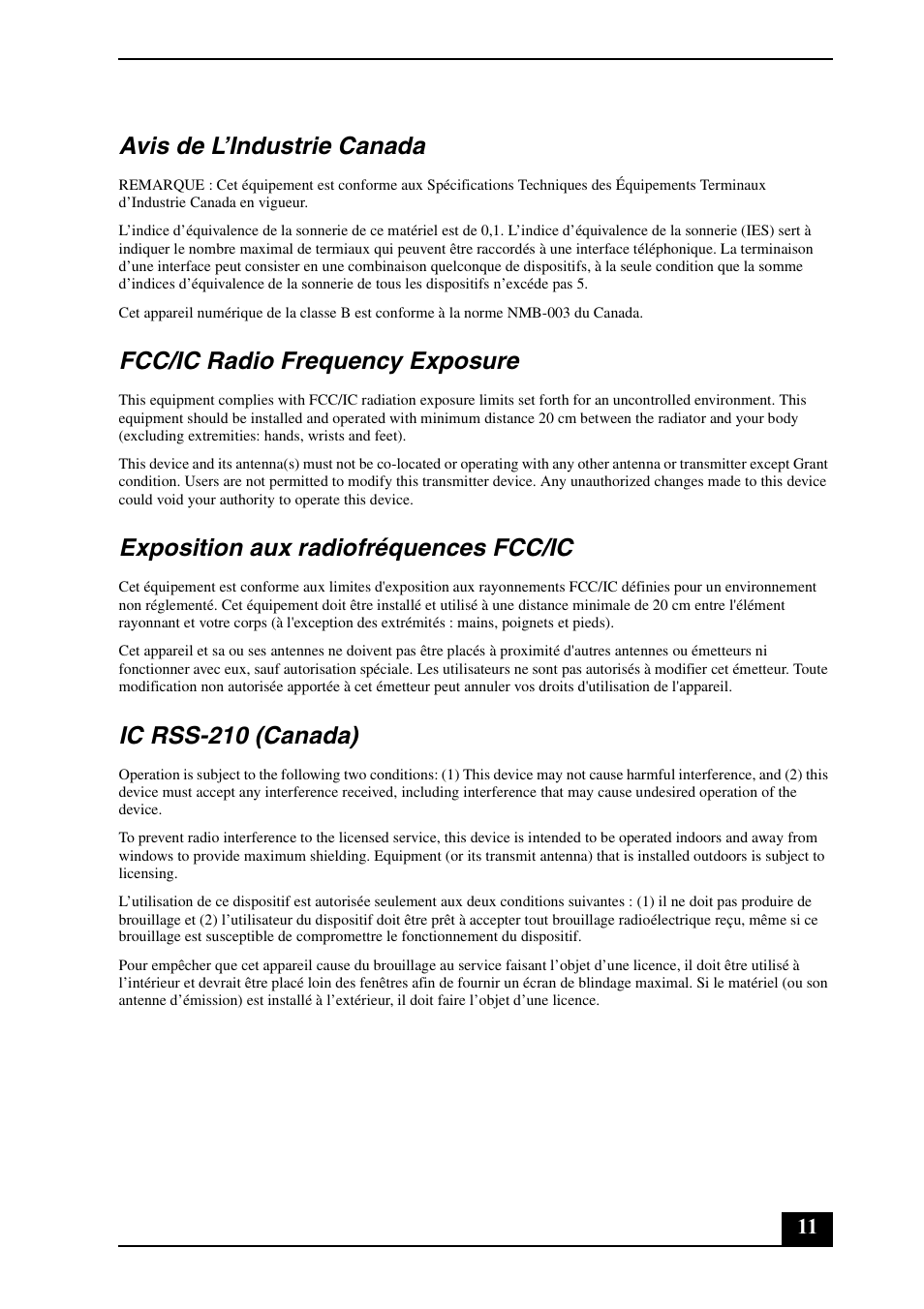 Avis de l’industrie canada, Fcc/ic radio frequency exposure, Exposition aux radiofréquences fcc/ic | Ic rss-210 (canada) | Sony VGN-NR385E User Manual | Page 11 / 24